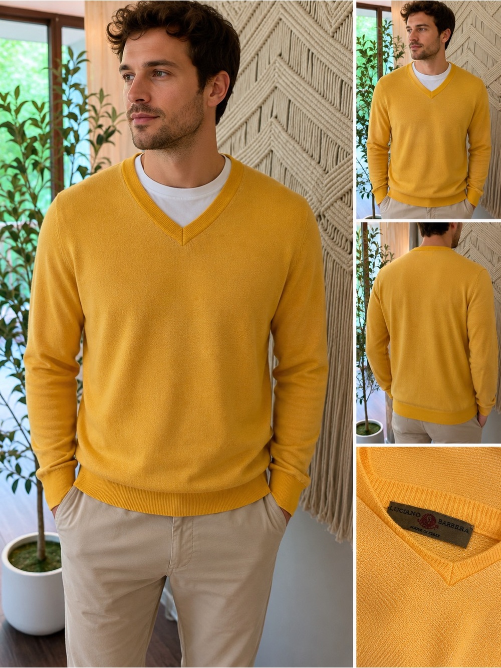 Vintage Luciano Barbera Yellow Cotton V-Neck Sweater Made in Italy Men’s